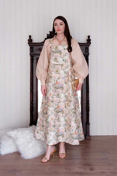 Ceylan Otantik Cream Floral Print Linen Skirt Salopet & Cream Classic Collar Crop Shirt