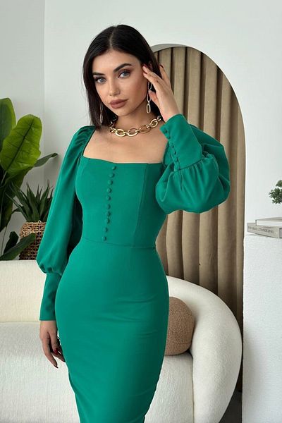 WOMAN VISION Women's Emerald Atlas Fabric Square Neck Button and Slit Detail Midi Evening Dress 283