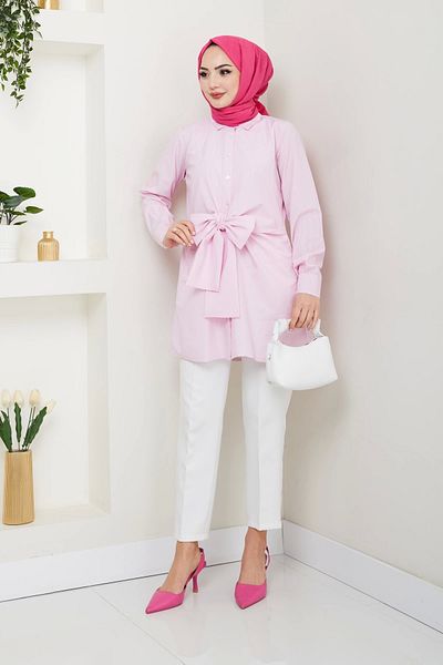Nevayla Moda Πουκάμισο με ρίγες Poplin Tie - Πούδρα / Ü103