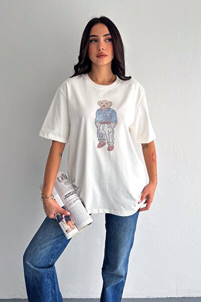 ZISHAN Taş İşlemeli Ayıcıklı T-Shirt  Oversize %100 Pamuk Penye 405