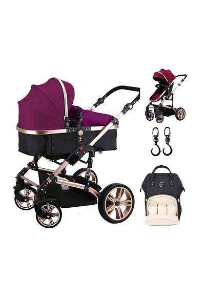 TEKNUM Teknum 3 in 1 Pram stroller-Wine + Sunveno Diaper Bag Black + Hooks