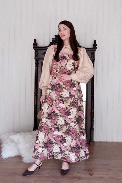 Ceylan Otantik Purple Floral Print Linen Skirt Salopet & Cream Classic Collar Crop Shirt