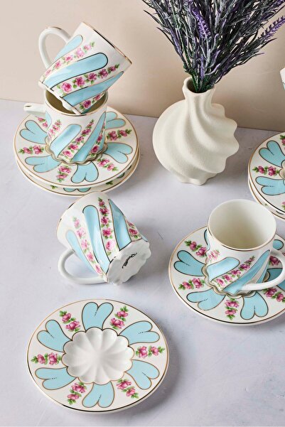 Perotti Kuzguncuk Mavi 6 Kişilik 12 Parça Porselen Kahve Takımı