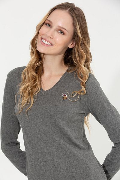U.S. Polo Assn. Women's Gray Melange Basic V-Neck Sweater
