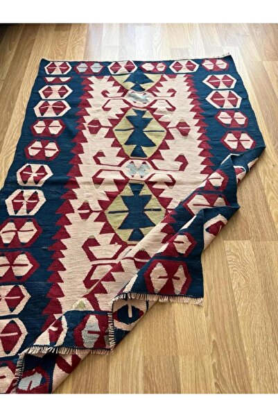 DesignEv 104x158 cm Kırmızı ve Mavi Akrep Motifli Kilim, Küçük El Dokuma Vint...