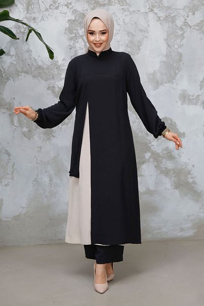 Neva Style Set dublu hijab negru cu detaliu de culoare bloc 65881S