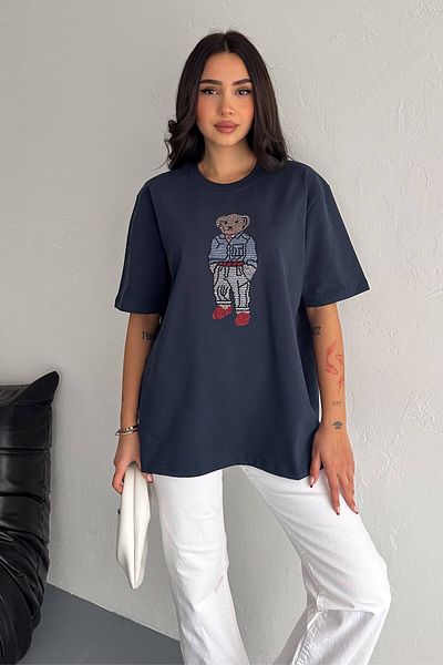 ZISHAN Tricou cu ursuleț de pluș brodat cu piatră supradimensionată - 100% bumbac pieptănat 405
