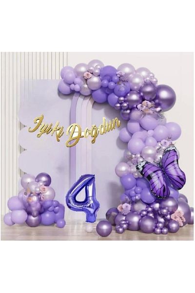 Papatya Süs Evi Purple Butterfly Purple Number Simple Luxury Birthday Party Set Ornament 4 Years Old