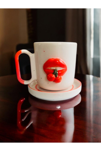 lili hediyelik كوب كوب منقوش بشفاه الكرز وقاعدة أكواب من السيراميك