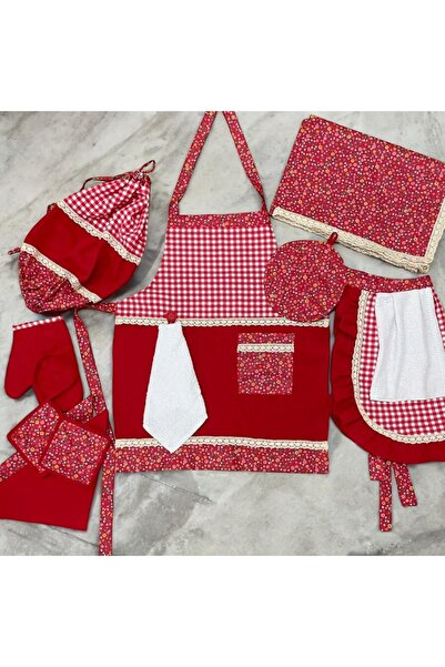 DESİGNBYASYAA Kadın Mutfak Önlüğü Seti 10 Parça Masa Örtülü Leke Tutmaz Su Itici Önlük Seti