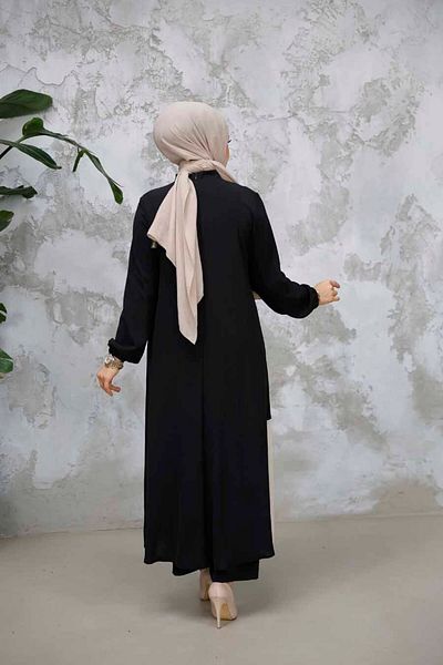 Neva Style Block Color Detailed Black Hijab Double Suit 65881S