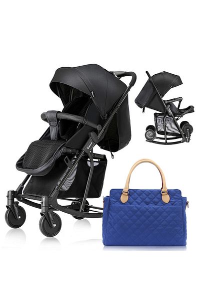 TEKNUM Teknum Stroller With Rocker w/ Blue Diaper tote Bag- Black
