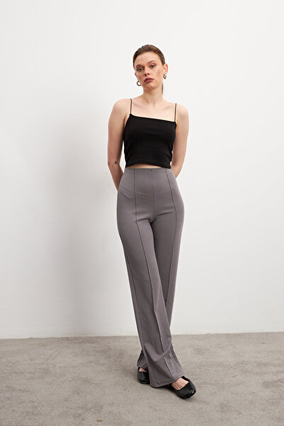 Bipantolon Women's Gray High Waist Ribbed Stitched Stretchy Pants