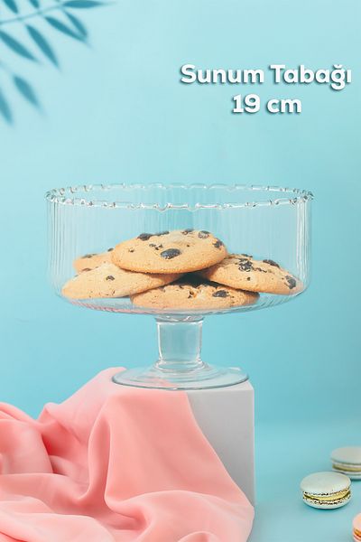 Porsima Rgy027 Lines Footed Glass Cake Dish, Cake / Cake / Dessert Stylish Presentation Stand 19 cm