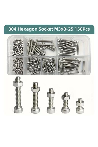 Choice 150pcs 150pcs/box Hex Head 304 Stainless Steel M3 Screw And Nut Set Hexagon Socket Screws Bolts Nuts