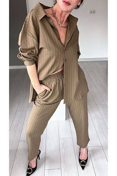 ABBRA Women's 100% Cotton Elastic Waist Striped Shirt Pants Set