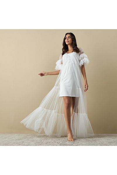 FAV Mesh Detail Night Gown with Fringes