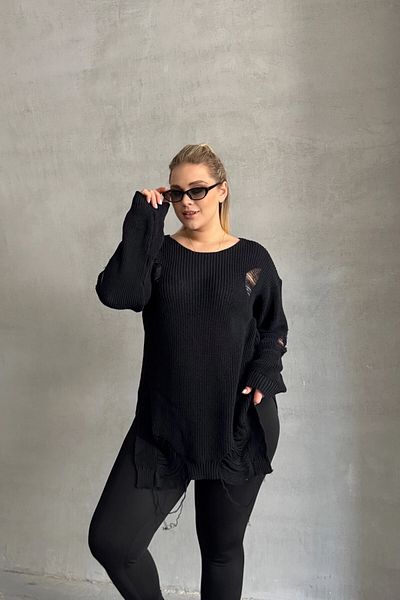 Stil Diva Plus Size Long Sleeve Crew Neck Ripped Detail Knitwear Sweater 303582