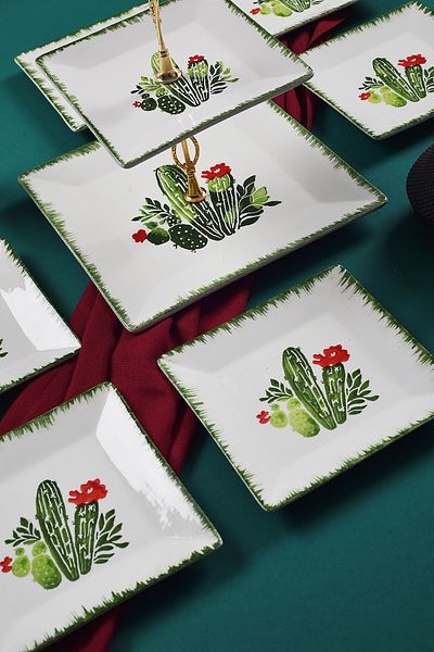 Piatti Naturali Cactus Ceramic Set: Pınar & 6-Piece Dessert Cake Top & Cookie Tray