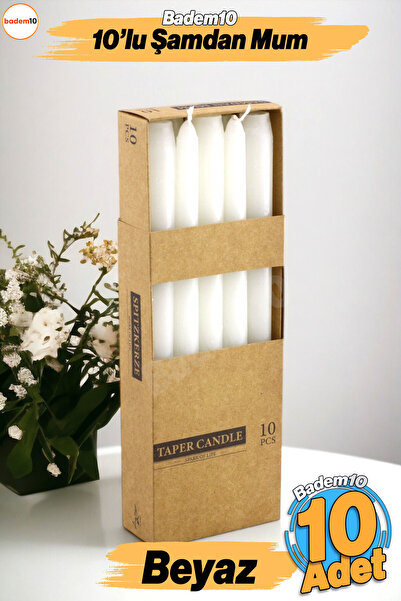 Badem10 Şamdan Mum 10'lu Düz Beyaz Dekoratif Mumu Kandil Hediyelik Fitilli Mu...