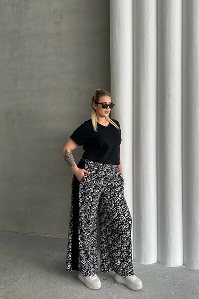 Stil Diva Plus Size Wide Leg Elastic Waist Pocket Patterned Trousers 303772
