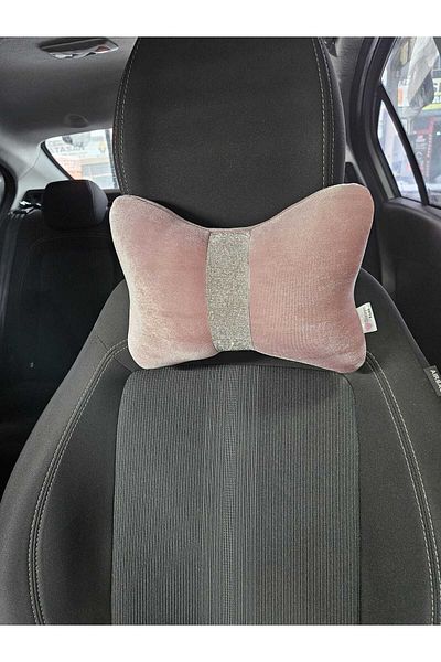 dizaynpark Powder Plain Velvet Silver Vertical Striped Neck Pillow 2 Pieces