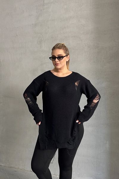 Stil Diva Plus Size Long Sleeve Crew Neck Ripped Detail Knitwear Sweater 303582