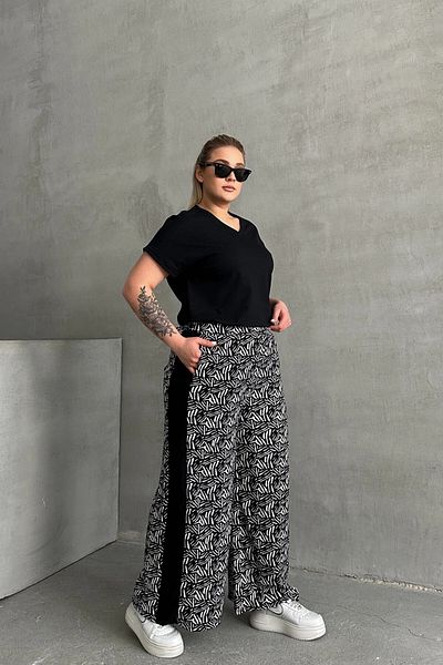 Stil Diva Plus Size Wide Leg Elastic Waist Pocket Patterned Trousers 303772