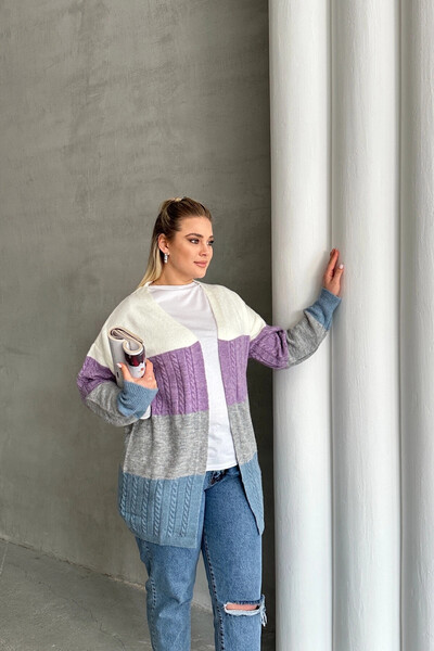 Stil Diva Large Size Long Sleeve Closure Front Color Block Knitwear Cardigan 302148