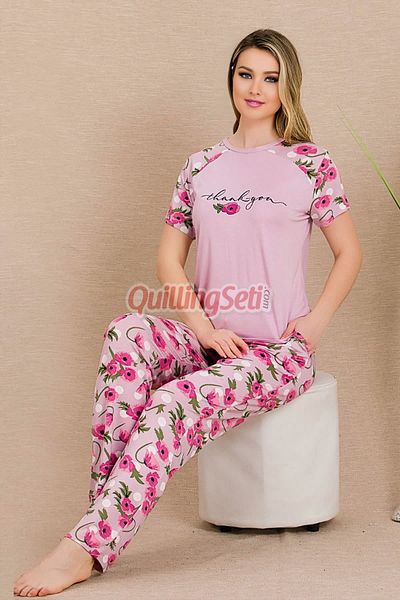 quilling Pink Color and Flower Pattern Lady 12489 Cotton Women's Choice Short Sleeve Pajama Set