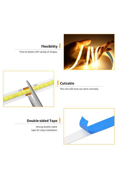 CHNAITEKE 10m DC 12V Natural White 5M 10M FOB COB LED Strip Lights High Density Flexible Diode Tape Light 3000