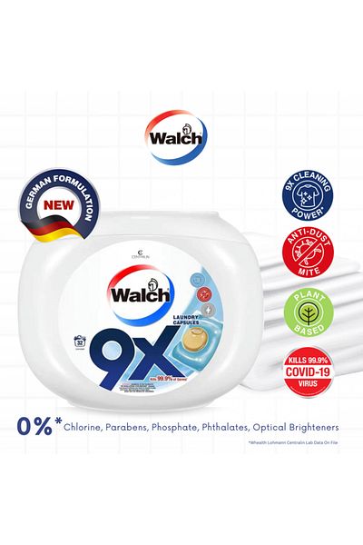 Walch 9X Antibacterial Laundry Detergent Capsules, German Formulated Plant-Based Ingredients,32 Pods