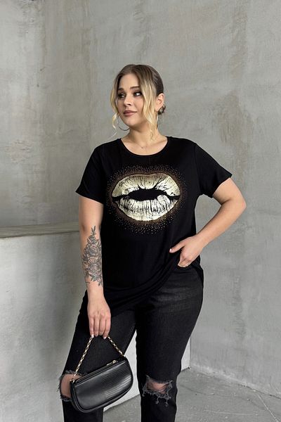 Stil Diva Plus Size Short Sleeve Crew Neck Stone Embroidered T-Shirt 302264