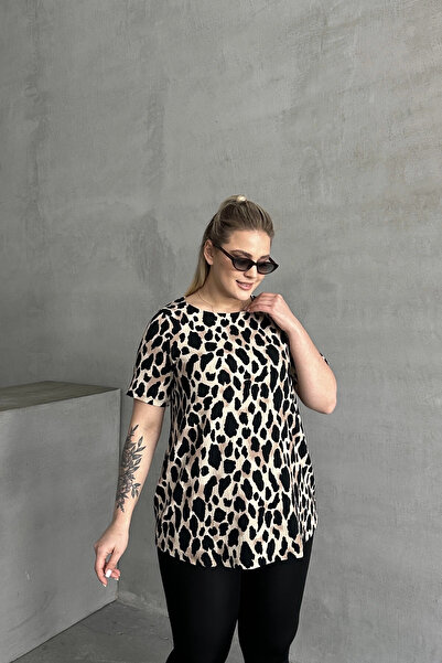 Stil Diva Büyük Beden Kısa Kollu Bisiklet Yaka Leopar Desenli Bluz 616006