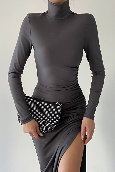 bayansepeti Фумаж Санді Тканина Пів-рибальський комір і розріз Деталізована міді вечірня сукня 302