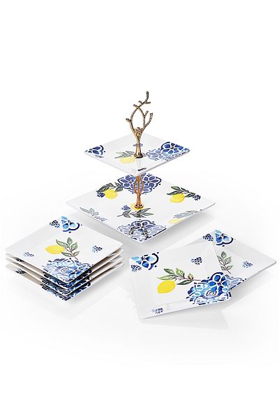 Piatti Naturali Catering Set Lemon Ceramic Double Layer Presentation Plate & 6-Piece Dessert Pastry Plate Cookie Tray Catering