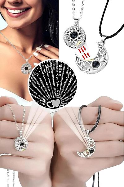 Trenderrs Dear Couple Necklace - Sun and Moon Themed, I Love You Projection in 100 Languages