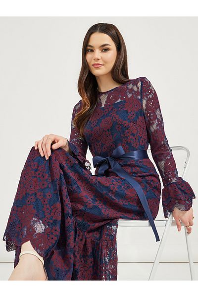 Styli Lace Insert A-Line Maxi Dress with Bow Tie Detail