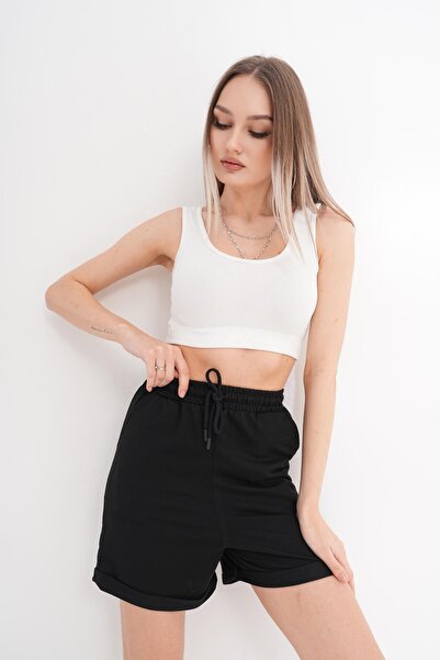 ŞİMAL Women's Rope Detailed Double Leg Combed Cotton Shorts 250059   -