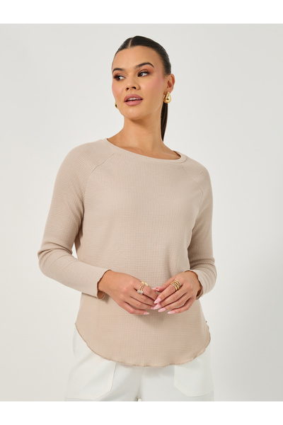 Styli تي شيرت وافل محبوك بأكمام طويلة