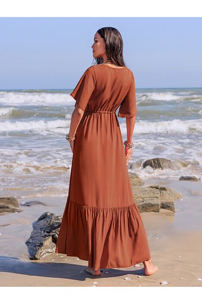 Russty Dustty By Styli Lace Trim V Neck A-Line Maxi Dress with Tie-Up Detail