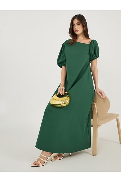 Styli Asymmetric Neck Puff Sleeve Shift Maxi Dress