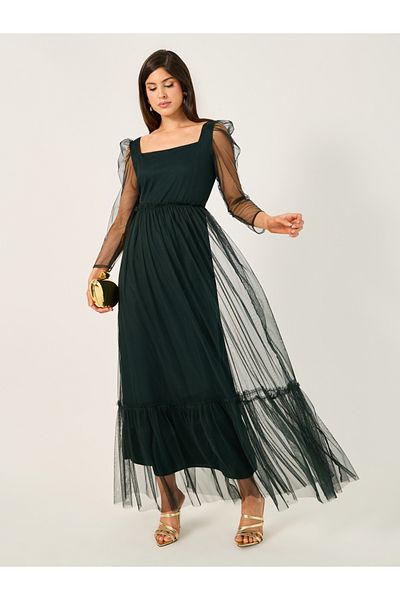 Styli Mesh Insert Square Neck A-Line Maxi Dress