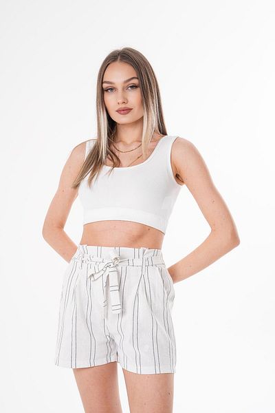 ŞİMAL Women's Linen Shorts - Stripe Pattern and Belt Detail 250029