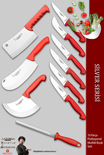 LAZBİSA Silver Pro Serisi Mutfak Bıçak Seti 10 Parça Et Ekmek Sebze Soğan Börek Bıçağı Satırı (MFP-001)