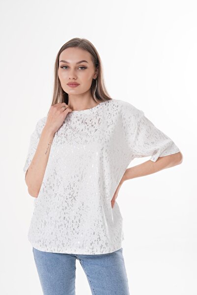 ŞİMAL Kadın Varak Baskı Detaylı Salaş Tişört 250045 -