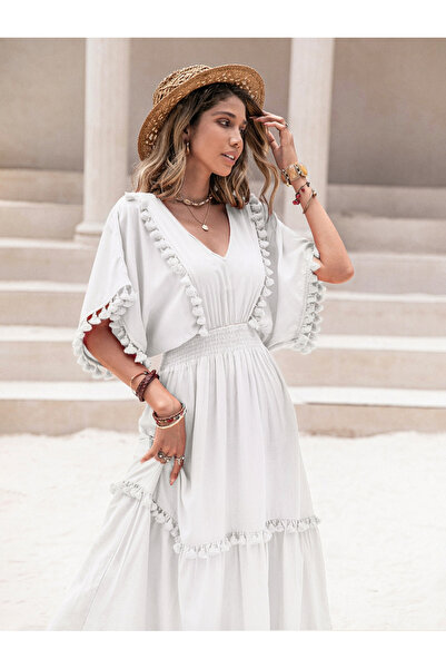 Russty Dustty By Styli Tassel Detail V Neck A-Line Midi Dress