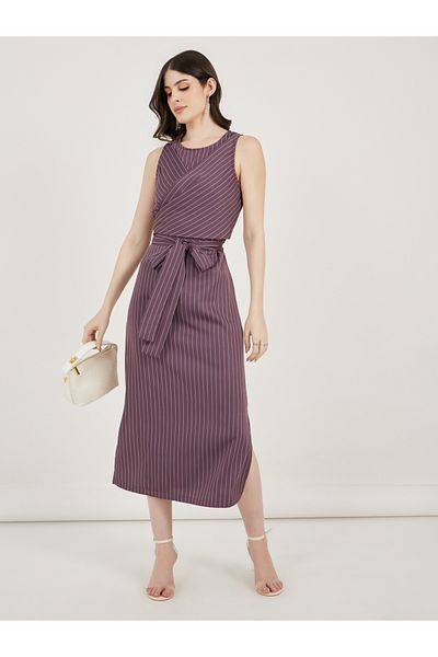 Styli Pinstripe Wrap Front Blazer Midi Dress
