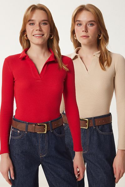 Lovelyİstanbul Polo Neck Ribbed 2 Pack Knitted Blouse Cream Red Lgt0033