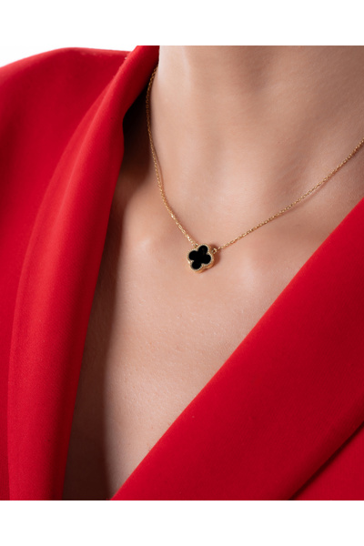 YCL JEWELLERY Siyah Onix Taşlı Altın Yonca Kolye 14 Ayar